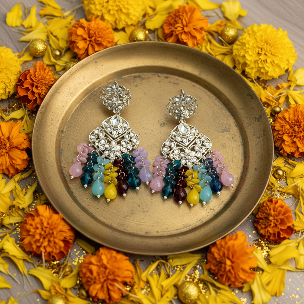 Vibrant Bead-Tassel Kundan Earrings