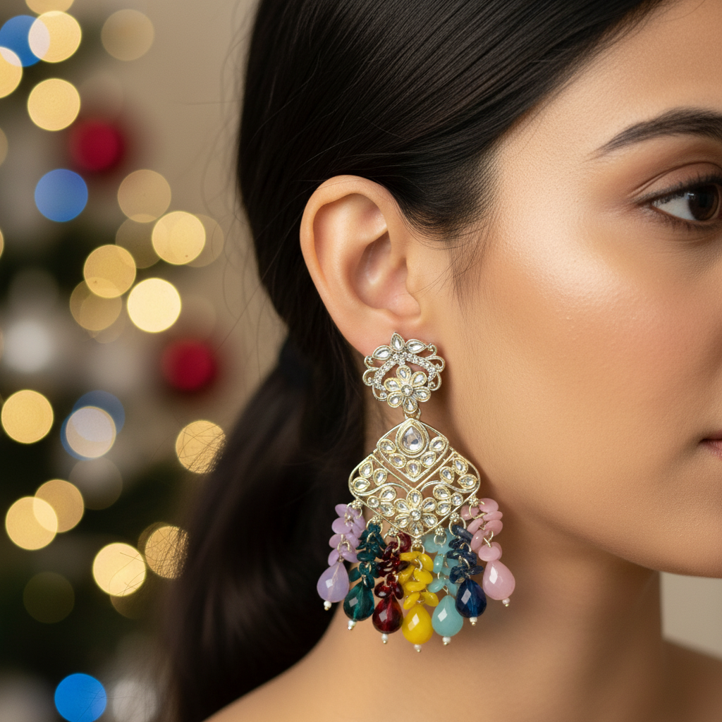 Vibrant Bead-Tassel Kundan Earrings
