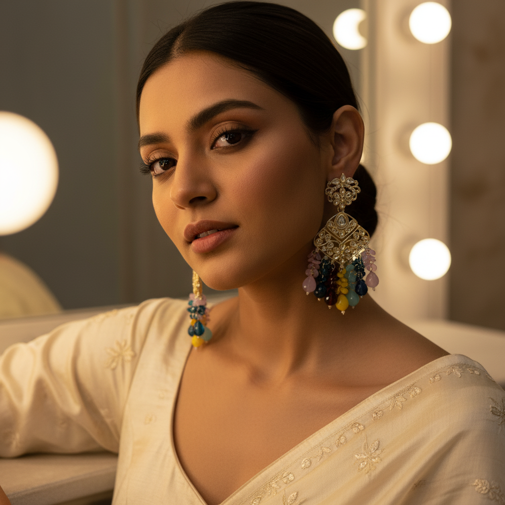 Vibrant Bead-Tassel Kundan Earrings