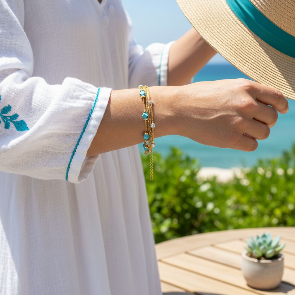 Turquoise & Crystal Beaded Beach Bracelet