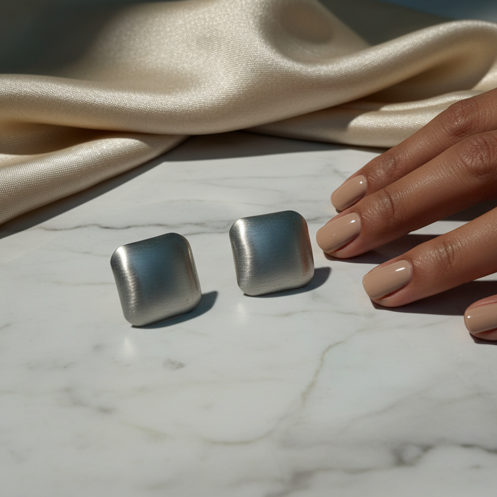 Brushed Silver Square Studs