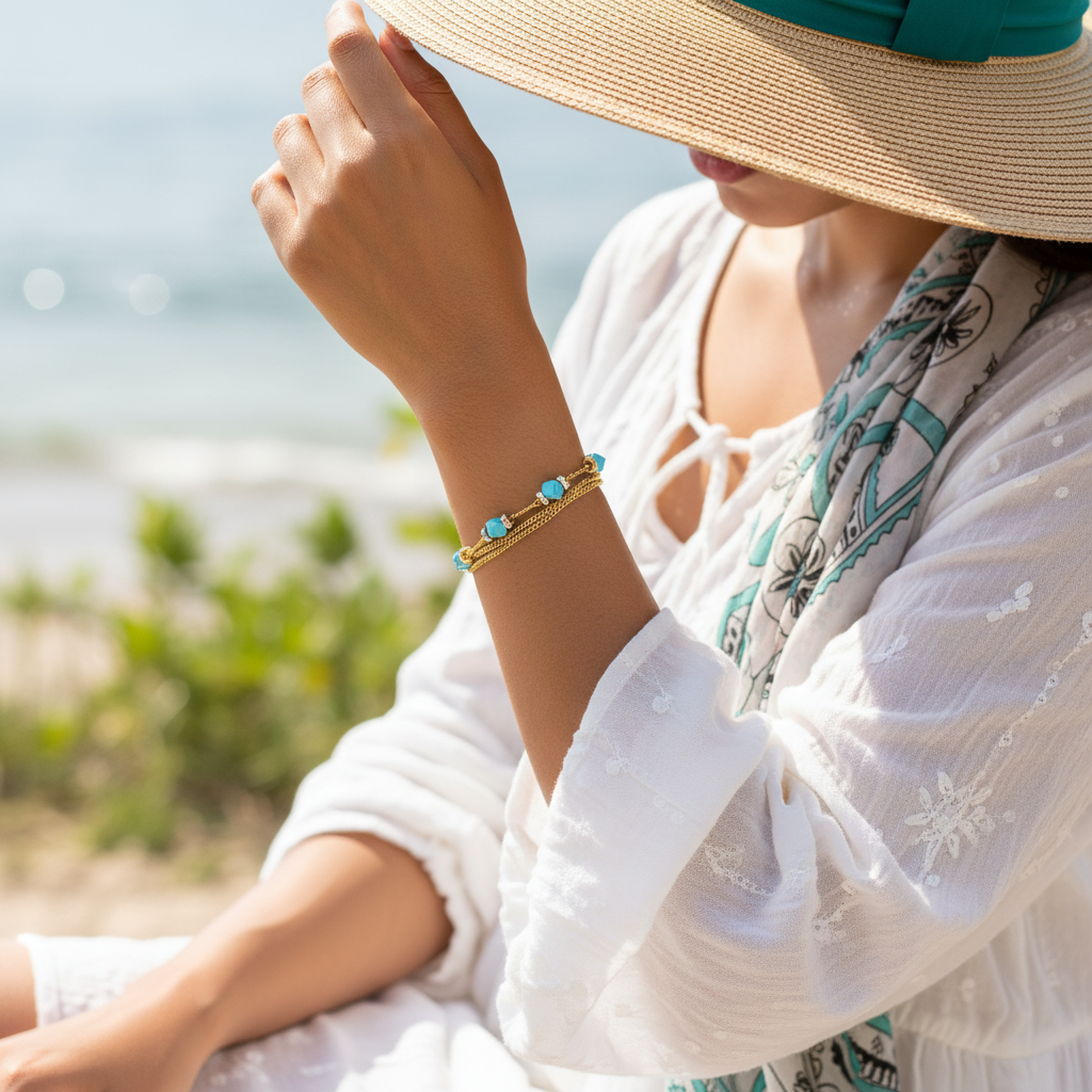 Turquoise & Crystal Beaded Beach Bracelet