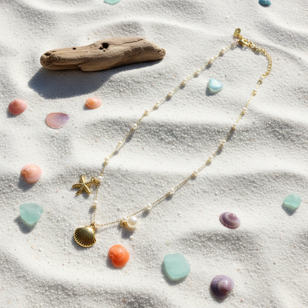 Coastal Pearl & Shell Charm Necklace(ANTI TARNISH)