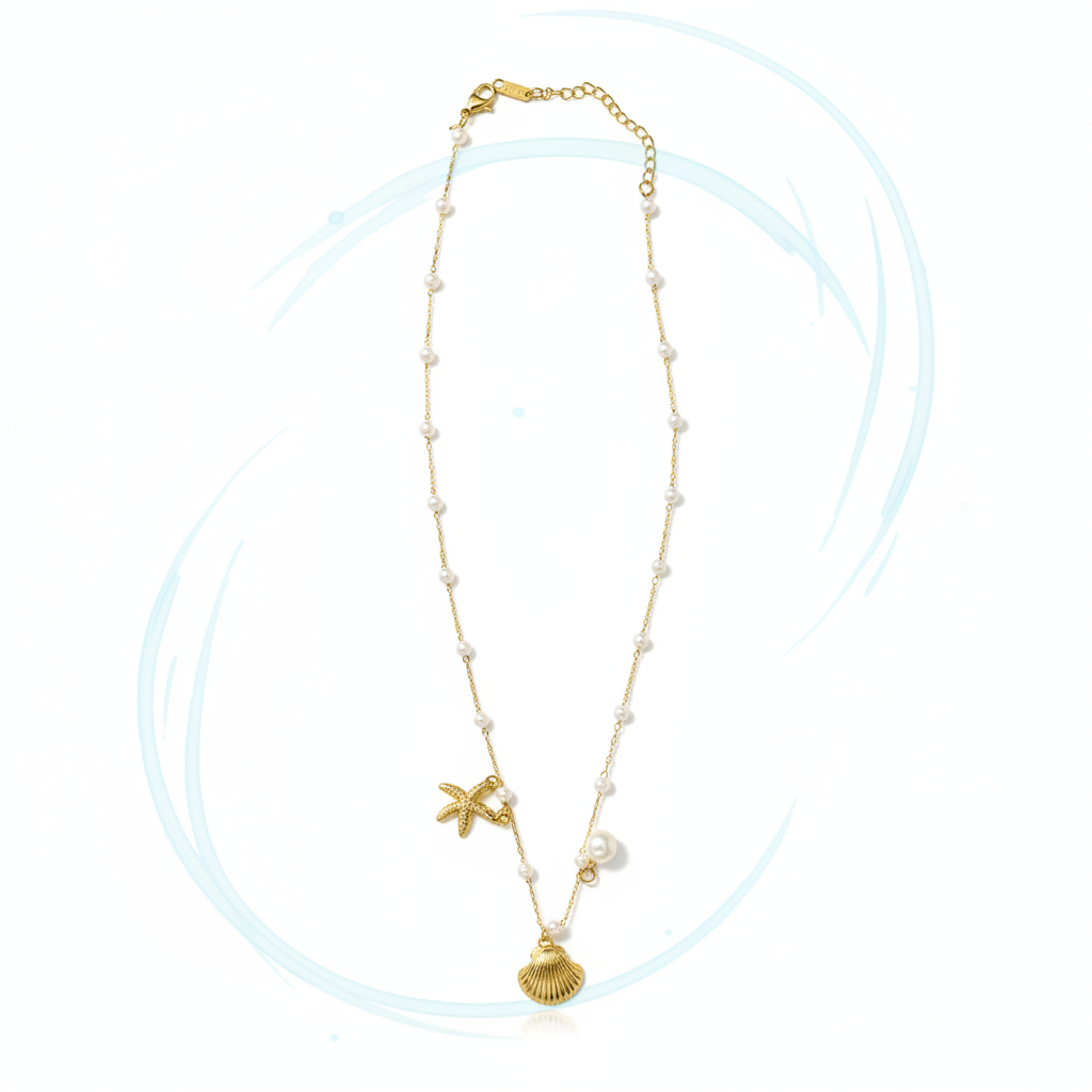 Coastal Pearl & Shell Charm Necklace(ANTI TARNISH)