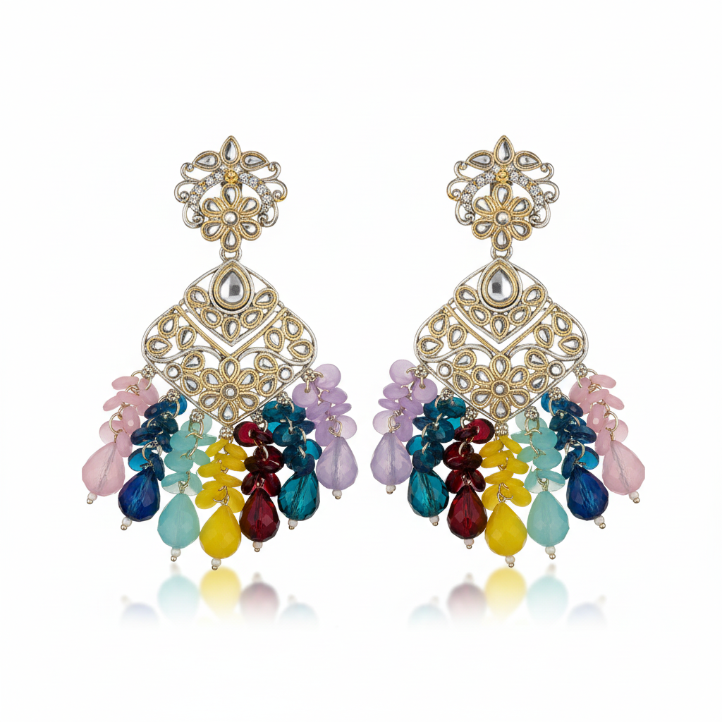Vibrant Bead-Tassel Kundan Earrings
